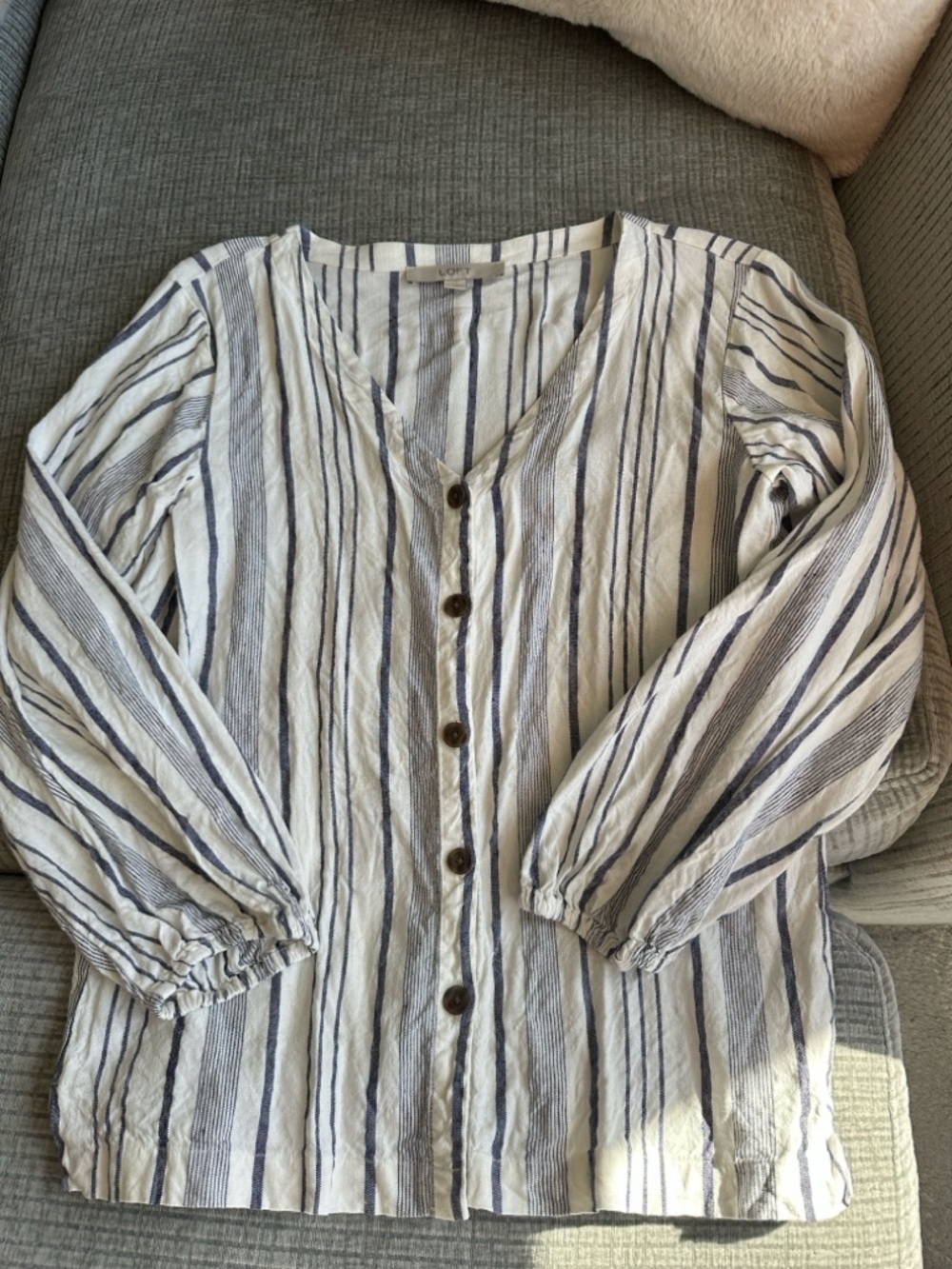 LOFT White Linen Button Up Blouse with Navy Vertical Stripes